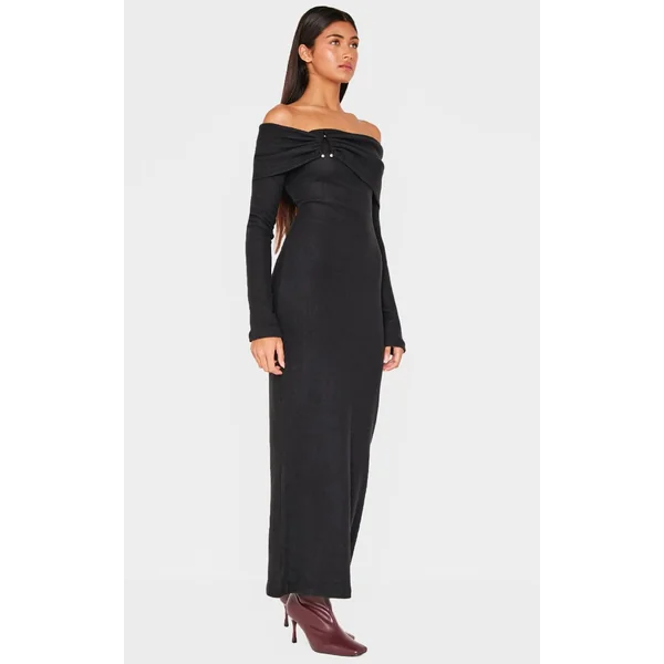 Noir Robe Maxi Côtelée Brossée Épaisse Avec Encolure Bardot