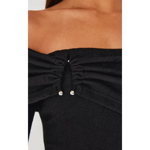 Noir Robe Maxi Côtelée Brossée Épaisse Avec Encolure Bardot