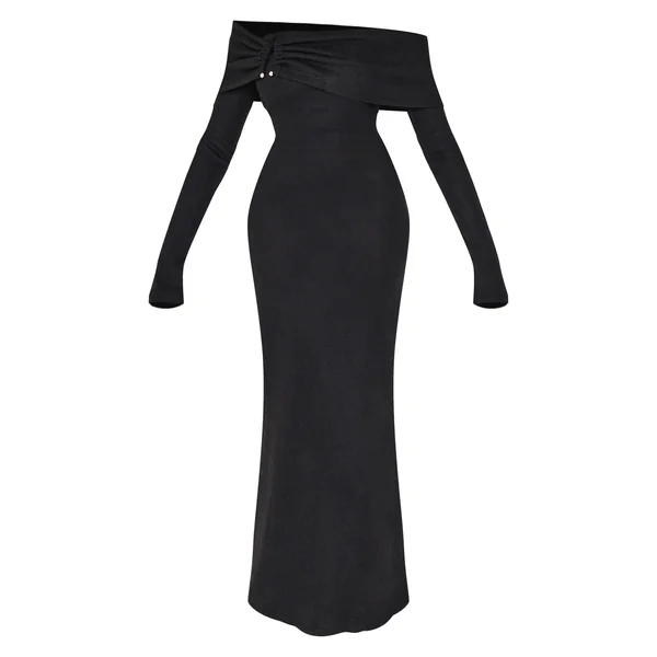 Noir Robe Maxi Côtelée Brossée Épaisse Avec Encolure Bardot