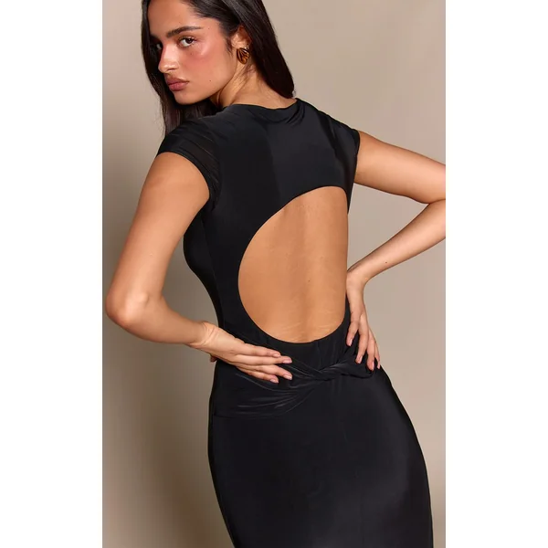 Noir Robe Maxi Drapée Dos Nu En Jersey Double Épaisseur