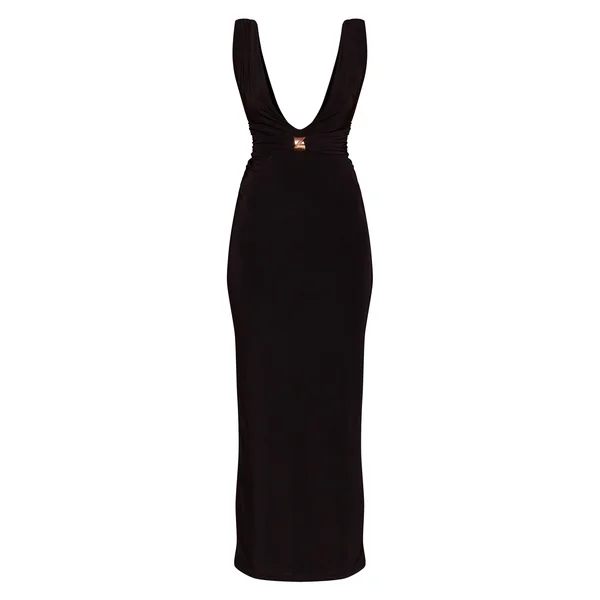 Noir Robe Maxi Drapée Dos Nu En Jersey Double Épaisseur