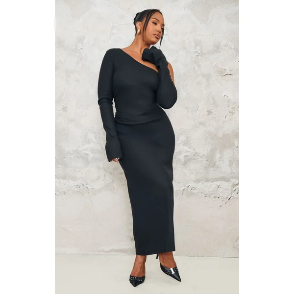 Noir Robe Maxi Grande Taille En Tissu Brossé Épais À Fronces Asymétriques