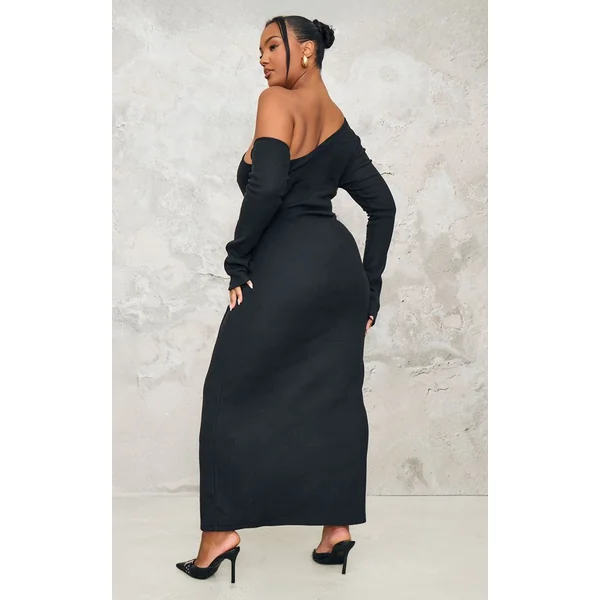 Noir Robe Maxi Grande Taille En Tissu Brossé Épais À Fronces Asymétriques