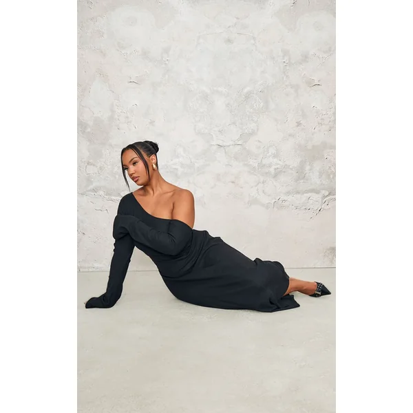 Noir Robe Maxi Grande Taille En Tissu Brossé Épais À Fronces Asymétriques
