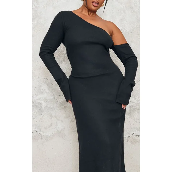Noir Robe Maxi Grande Taille En Tissu Brossé Épais À Fronces Asymétriques