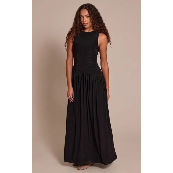 Noir Robe Maxi Longue À Double Couche Toucher Doux Avec Taille Basse Asymétrique