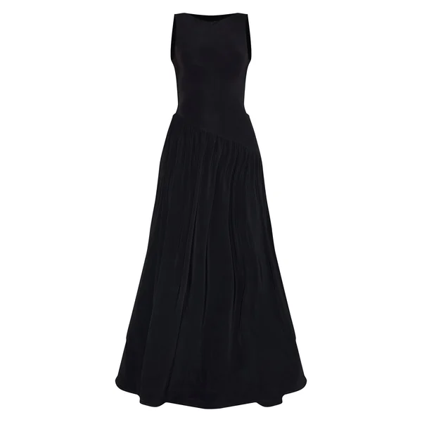 Noir Robe Maxi Longue À Double Couche Toucher Doux Avec Taille Basse Asymétrique