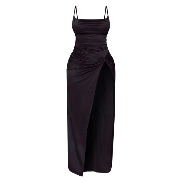 Noir Robe Maxi Moulante Enduite À Détail Torsadé Et Col Bénitier Avec Fente