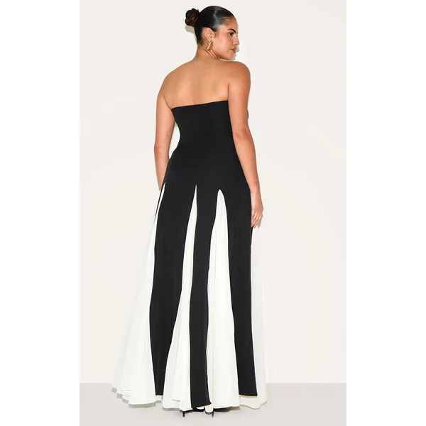 Noir Robe Maxi Plissée En Mousseline À Bandeau Contrasté Grande Taille