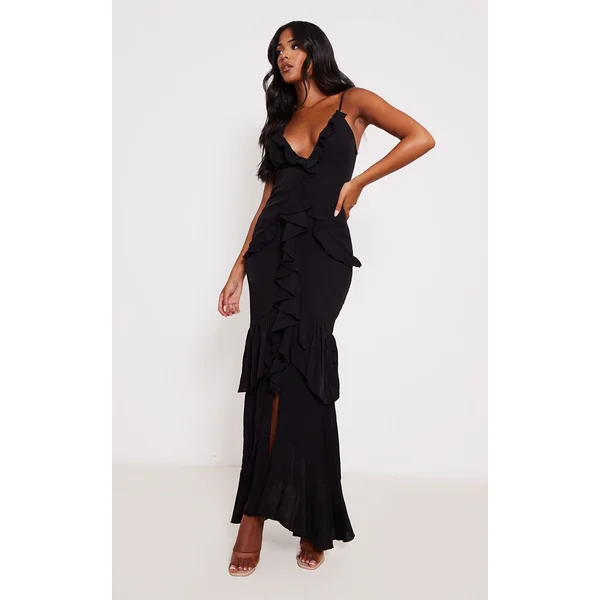 Noir Robe Maxi Texturée À Volants Pour Grande Taille