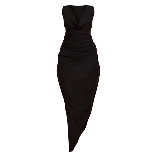 Noir Robe Midi En Mousseline À Col Bénitier Et Fronces