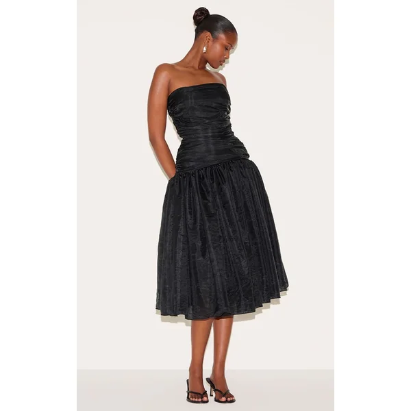 Noir Robe Midi En Organza À Corsage Froncé