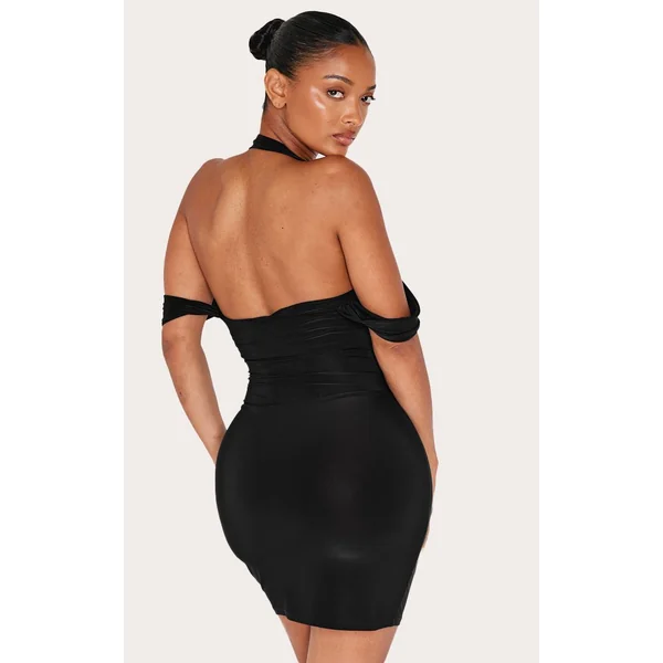 Noir Robe Mini Ajustée À Encolure Droite Et Col Licou