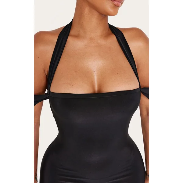 Noir Robe Mini Ajustée À Encolure Droite Et Col Licou