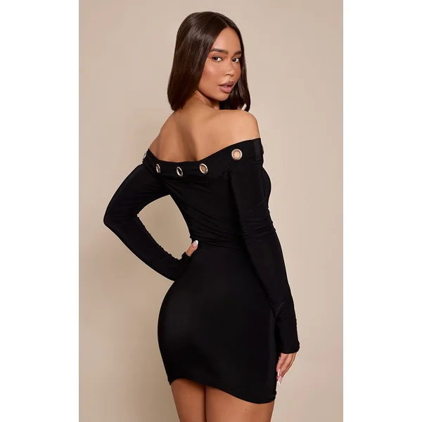 Noir Robe Mini Bardot À Manches Longues En Tissu Slinky Double Couche Avec Œillets
