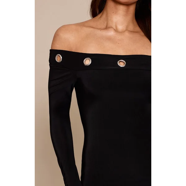 Noir Robe Mini Bardot À Manches Longues En Tissu Slinky Double Couche Avec Œillets