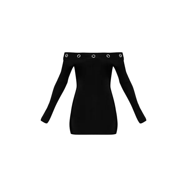 Noir Robe Mini Bardot À Manches Longues En Tissu Slinky Double Couche Avec Œillets