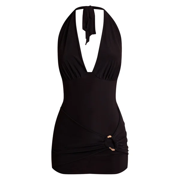 Noir Robe Mini Portefeuille À Décolleté Plongeant Avec Détails De Finitions