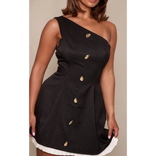 Noir Robe Mini Shape À Jupe Plissée Contrastante Et Épaule Dénudée