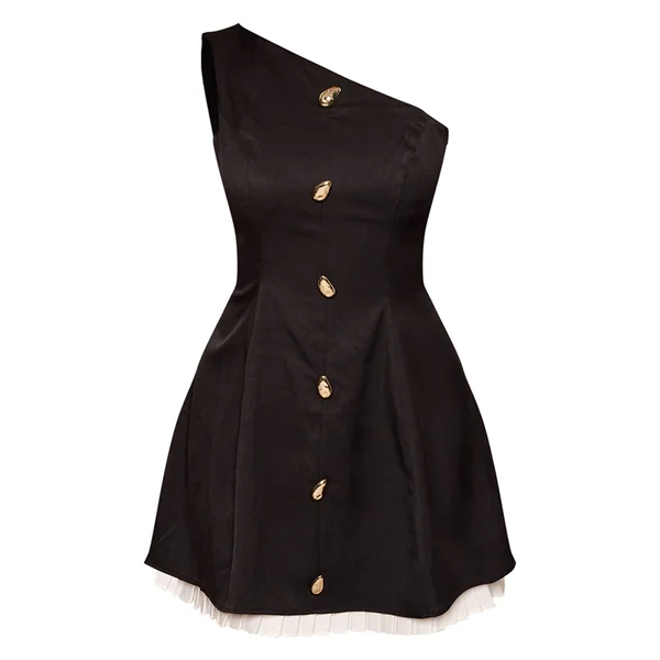 Noir Robe Mini Shape À Jupe Plissée Contrastante Et Épaule Dénudée