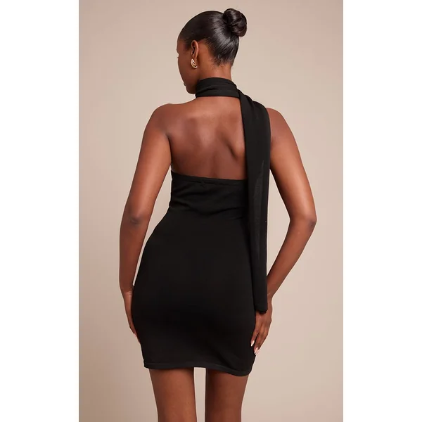 Noir Robe Mini Tricotée À Détail Foulard