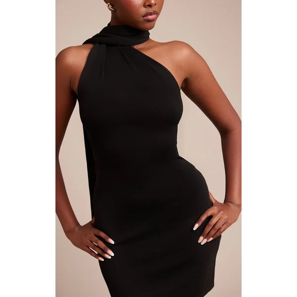 Noir Robe Mini Tricotée À Détail Foulard