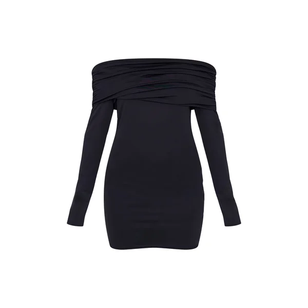 Noir Robe Mini À Manches Longues Bardot Plissé Double Couche Sculptante Mate