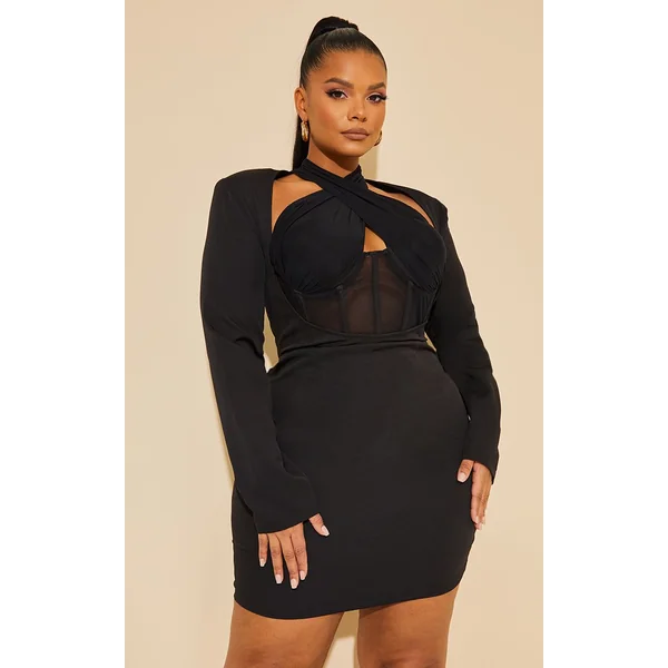Noir Robe Moulante Grande Taille À Corset Et Détail Croisé Devant