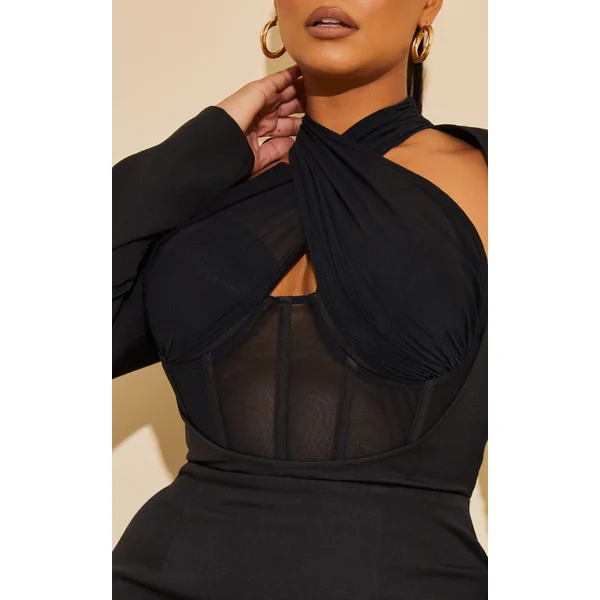 Noir Robe Moulante Grande Taille À Corset Et Détail Croisé Devant