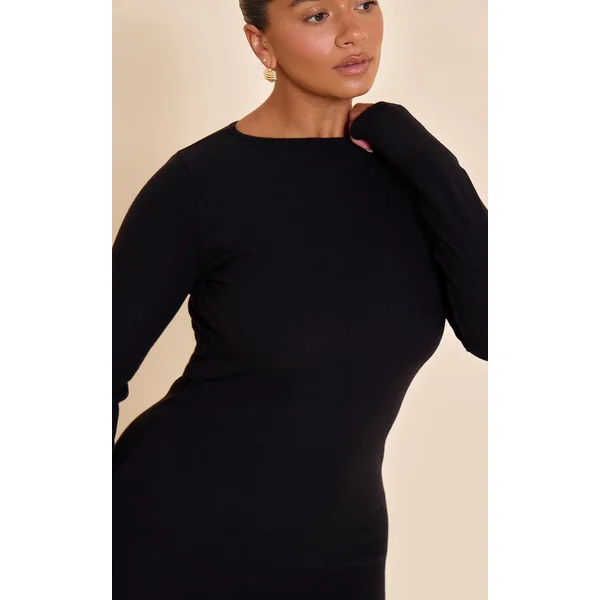 Noir Robe Moulante Mini À Manches Longues Col Bateau En Micro Côtes