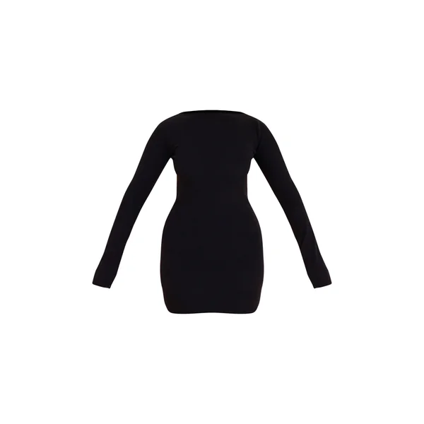 Noir Robe Moulante Mini À Manches Longues Col Bateau En Micro Côtes