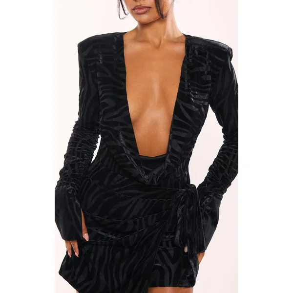 Noir Robe Moulante Portefeuille À Col Bénitier Motif Zèbre Dévoré