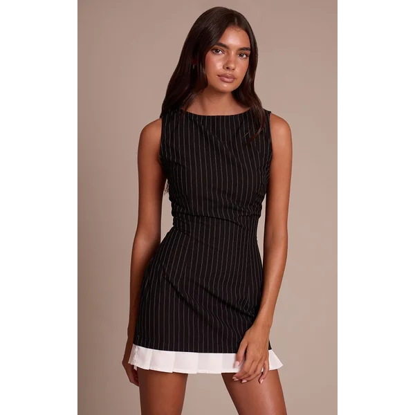 Noir Robe Moulante À Rayures Tennis Avec Détail Ourlet Plissé