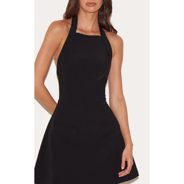Noir Robe Trapèze Ajustée Tissée À Col Licou