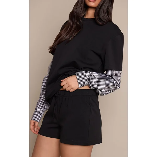 Noir Short En Jersey De Coton À Détail De Poche À Carreaux