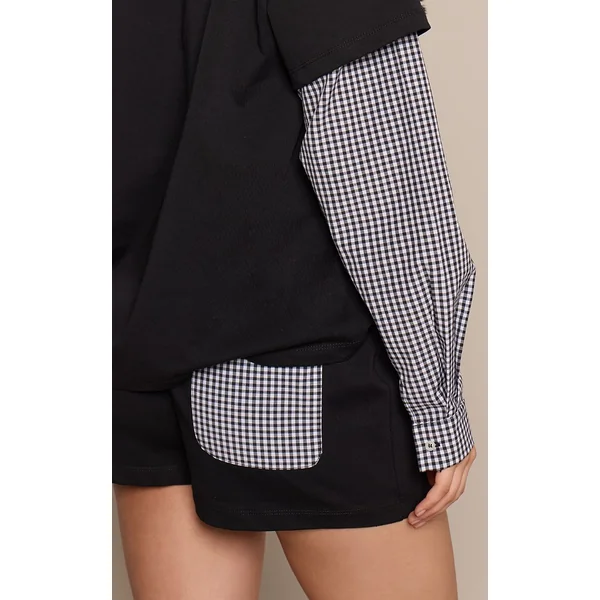 Noir Short En Jersey De Coton À Détail De Poche À Carreaux