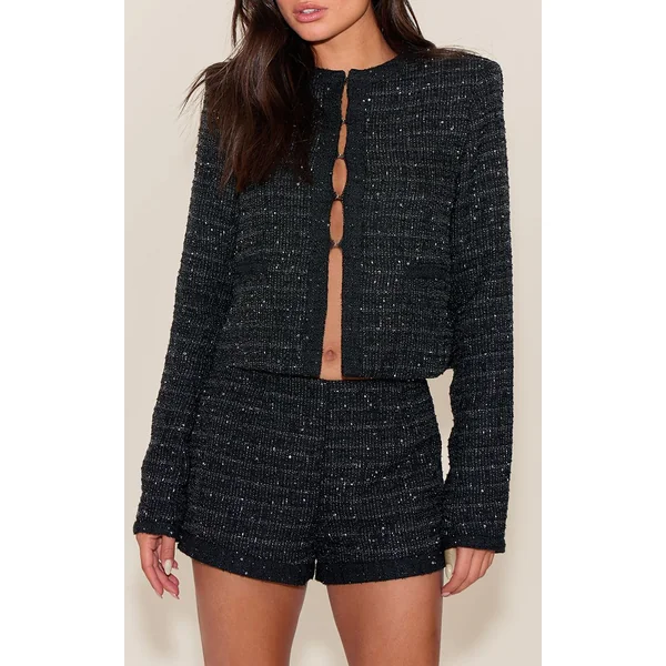 Noir Short Taille Haute Bouclé À Sequins