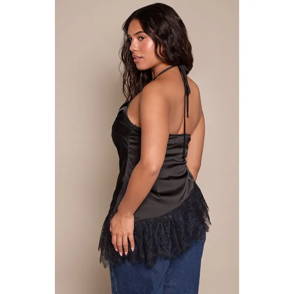 Noir Top Caraco Shape En Satin Avec Détails De Dentelle
