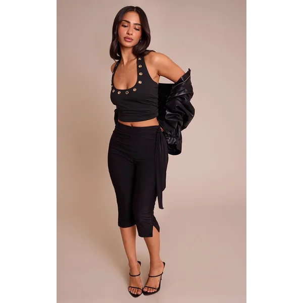 Noir Top Long Petite Col Halter Avec Détails Œillets