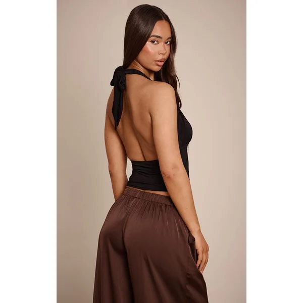 Noir Top Long Plongeant À Double Couche Satiné Avec Lien Au Cou