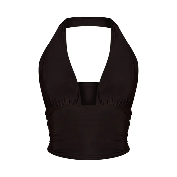Noir Top Long Plongeant À Double Couche Satiné Avec Lien Au Cou