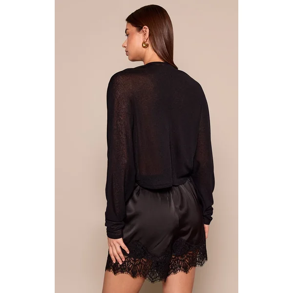 Noir Top Manches Longues Slouchy En Mesh Dévoré Marron Avec Torsade Devant