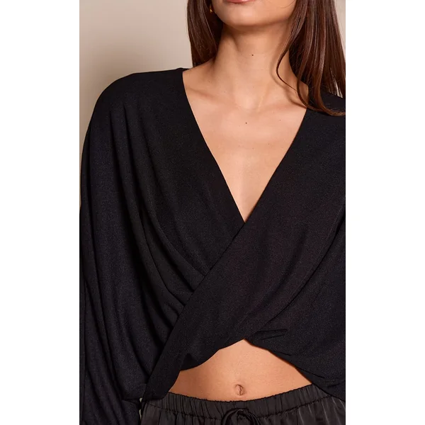 Noir Top Manches Longues Slouchy En Mesh Dévoré Marron Avec Torsade Devant