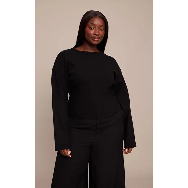 Noir T-shirt Grande Taille À Manches Longues Resserrées Et Manches Cocoon