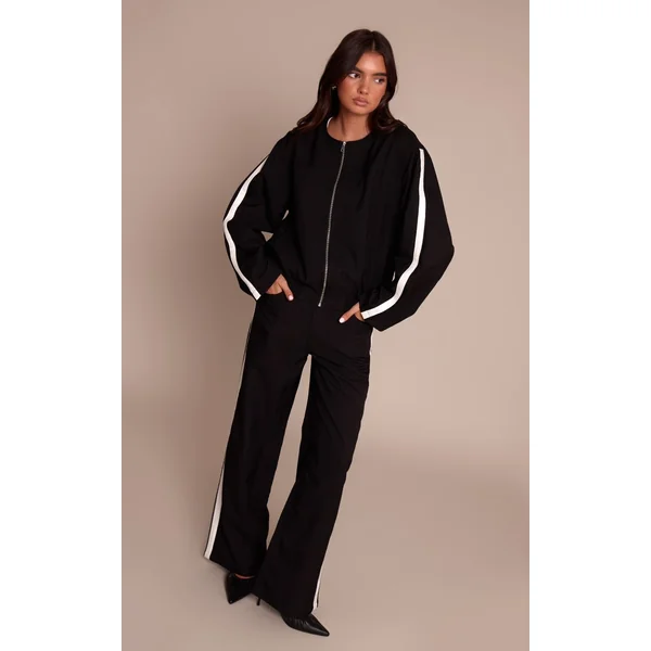 Noir Veste Bomber Cintrée En Tissu Tissé Avec Taille Élastiquée