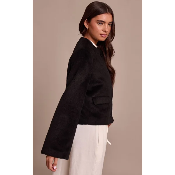 Noir Veste Cintrée En Laine Brossée À Simple Boutonnage