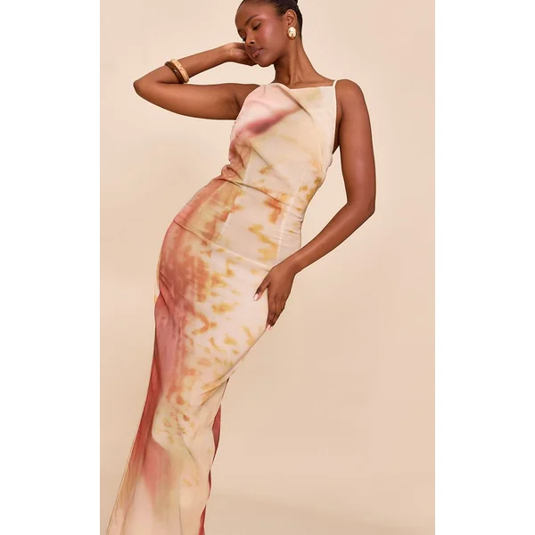 Non Coloré Robe Longue En Mousseline Imprimée Abstraite