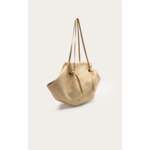 Non Coloré Sac De Plage En Raphia Contrasté Avec Cordon De Serrage