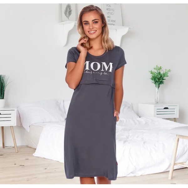 Nuisette de grossesse et d'allaitement mi-longue en coton oeko-tex - Anthracite/Rose