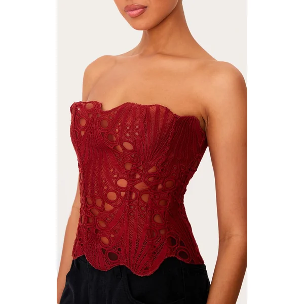 Orange Brûlé Corset En Dentelle Florale Transparente Texturée